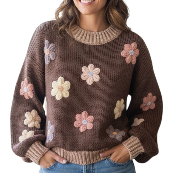 Luna Ivy Groovy Flower Appliqué Sweater Embroidery Crew...